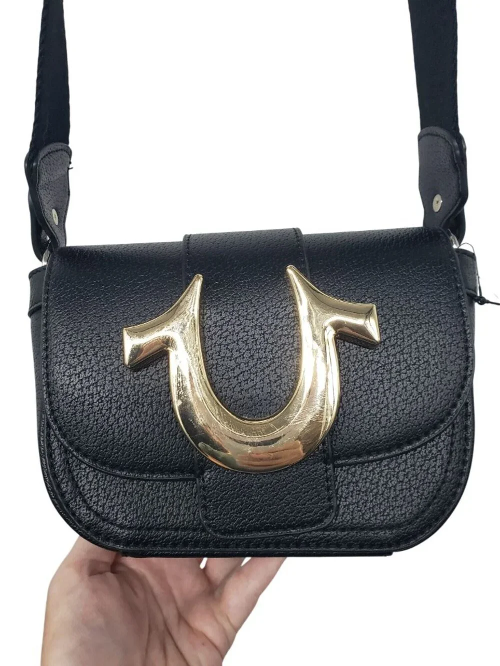 True Religion Crossbody Bag Purse Black Gold Horse Shoe